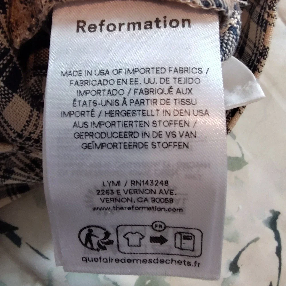 Reformation Vida Linen Low Rise Pant Beacon Check Plaid Navy Cream 6 NEW